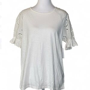 NWT Caslon White Eyelet Sleeve Ruffle Hem Top in Medium